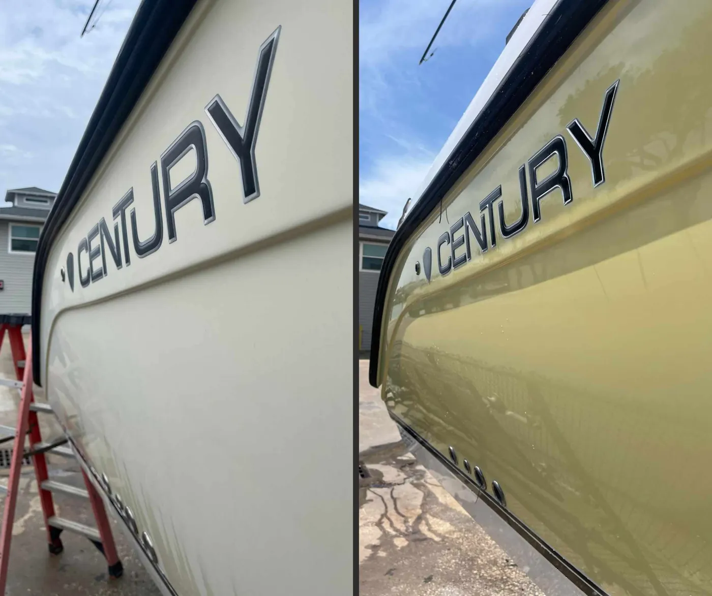 Before and after gelcoat oxidation removal on a Century boat hull